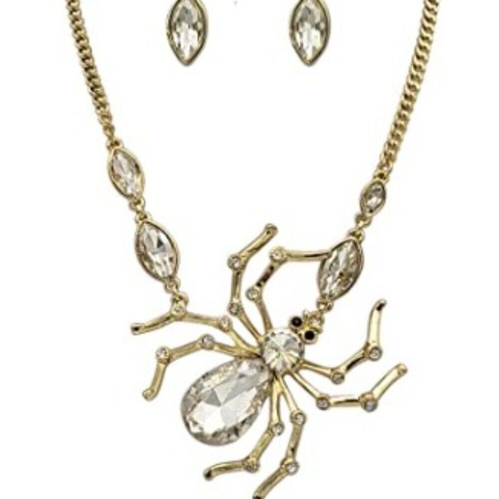 Crystal Spider 3D Statement Necklace Earrings Set Goth Halloween Cosplay